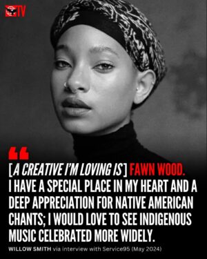 Willow Smith Instagram - Aww, she sounds amazing! 🎵

Yesterday, artist and actress Willow Smith (@willowsmith), arguably best known as the daughter of Will Smith and Jada Pinkett-Smith, shared a one-minute cover of @fawnwood's Singing and Praying to her Instagram story.

Fawn reshared Willow's cover, captioning it: "The beautiful and talented @willowsmith 🥹❤️🙌🏽🙏🏽," followed by another story expressing her admiration for the record, which she recorded with her cousin, Charles Wood III.

This isn’t the first time Willow has paid homage to the Cree and Salish artist. She recently shared kind words about Fawn and Indigenous culture in an interview with @service95 back in May of last year.

What do you think—Are you a fan of Willow Smith and her music?! Should more artists celebrate and cover traditional Indigenous music, like Powwow and Round Dance songs?! 💭⤵️

(via @fawnwood, @willowsmith)

#FawnWood
#WillowSmith