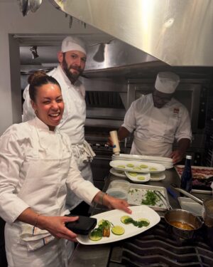 Adrienne Cheatham Instagram - Tuesday night was magical! (And made me miss being in restaurants 🥲) I’m so honored to have been a part of this event for the @jacquespepinfoundation and @beardfoundation sharing a kitchen with @lerouxeddy @danielboulud @chefgabrielkreuther @jacquestorres 

Our host @marvasmalls brought together an incredible group of people around the table that are all excellence personified and it was an honor to cook for them (during Black History Month no less). 
Sharing space with the chefs from all the teams, working collaboratively and seeing how much we all have in common was a joy. A special THANK YOU to @lana_cooks for coming straight from the airport to be there with me making sure things went smoothly, @jbfizabela for running the evening so well, and the great students from @iceculinary Abe, Nyaira, and Marven who came with open minds and good vibes to assist and soak up the experience. 

***For those of you who voted in the outfit poll, I went with Option 3 - the blue work jacket look for prep and set up, then did a costume change for service into Option 1 - the classic, crisp white jacket and apron! It felt right and was perfect for the situation. 

#chef #cheflife #jamesbeardhouse #blackhistorymonth