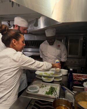 Adrienne Cheatham Instagram - Tuesday night was magical! (And made me miss being in restaurants 🥲) I’m so honored to have been a part of this event for the @jacquespepinfoundation and @beardfoundation sharing a kitchen with @lerouxeddy @danielboulud @chefgabrielkreuther @jacquestorres 

Our host @marvasmalls brought together an incredible group of people around the table that are all excellence personified and it was an honor to cook for them (during Black History Month no less). 
Sharing space with the chefs from all the teams, working collaboratively and seeing how much we all have in common was a joy. A special THANK YOU to @lana_cooks for coming straight from the airport to be there with me making sure things went smoothly, @jbfizabela for running the evening so well, and the great students from @iceculinary Abe, Nyaira, and Marven who came with open minds and good vibes to assist and soak up the experience. 

***For those of you who voted in the outfit poll, I went with Option 3 - the blue work jacket look for prep and set up, then did a costume change for service into Option 1 - the classic, crisp white jacket and apron! It felt right and was perfect for the situation. 

#chef #cheflife #jamesbeardhouse #blackhistorymonth