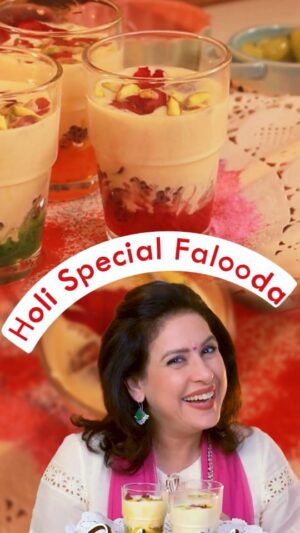 Amrita Raichand Instagram - Flavours ki Holi! 🎉🌈
Celebrate the festival of colors with a sweet twist! 
Indulge in our RABDI FALOODA, a vibrant treat that combines a rainbow of flavors with the richness of falooda!

Rabdi Falooda Recipe

Ingredients:
Milk: 2 cups
Milk Powder: 6 tbsp
Almond Powder: 2 tbsp
Sugar: 2 tsp
Rose Water: 1 tsp
Falooda Sevai: 1/4 cup
Sabza (Basil Seeds): 2 tbsp
Water: 1 cup
Chopped Mango: 1/4 cup
Green Grapes: 1/4 cup
Cherries: 1/4 cup
Khas Khas Syrup
Rose syrup
Kesar Syrup

Garnish:
Sliced Pistachios
Rose Petals

Method:

1. Prepare the Rabdi:
In a pot, combine milk, milk powder, and almond powder. Cook for 10-15 minutes on low heat until the milk reduces.
Add sugar and rose water once the milk thickens and the moisture evaporates.
2. Prepare the Sabza (Basil Seeds):
Soak sabza seeds in water for about 20 minutes. If needed, add more water to help them soak properly.
3. Prepare the Falooda Sevai:
Boil faluda sevai in water for 2-3 minutes until it doubles in size. Let it cool down.
4. Assemble the Falooda:

In falooda glasses, add Khas Khas Syrup, Rooh Afza Syrup, and Kesar Syrup to each glass.
Layer in the falooda sevai, followed by fruits (mango, grapes, cherries).
Pour the rabadi mixture over the fruits and sevai.
Garnish with Rose petals and pistachio.

#HoliVibes #FaloodaLove  #ColorsOfHoli  #SweetTreats  #HoliSpecial #FestivalVibes #FoodieFun #RainbowOnAPlate #holispecial #holivibes #holi #holiparty #holirecipes #homecooking #homemadewithlove #colours #festivalvibe #festivalofindia #festivalfun #easyrecipes #colourful #falooda #rabdi #rabdifalooda