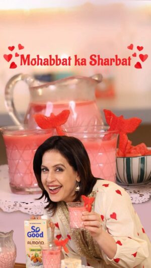 Amrita Raichand Instagram - Jama Masjid ki galiyon se aapke dastarkhwan tak, this refreshing drink will keep you hydrated and motivated to crush your fitness goals💪

Bringing you the same taste with a healthy twist with my favourite @sogoodindia #almondmilk 🥳 ENJOY 😋

Mohabaat-e-Sharbat 

Ingredients:
Almond Milk- 1 lt
Rose Syrup - 1/2 cup
Fresh Watermelon juice (set in ice-trays) 
Pieces of watermelon for garnish 
Ice-trays to set the watermelon ice cubes 

Method:

1. Cut fresh watermelon into pieces, remove the seeds and then blend it to get smooth watermelon juice. Pour into fun shaped ice-trays or regular ones and leave it to freeze overnight( make extra always so you can use it for a few extra days 😉)
2. ⁠Now ideally for this sharbat, chill your Almond Milk Tetra pack too (I love using So Good) 
2. ⁠When ready to serve, take a large jug, pour the chilled Almond Milk and add the rose syrup.
3. ⁠Mix thoroughly & watch with delight, the bright beautiful pink colour  appears! 
4. ⁠Now add the beautiful watermelon ice cubes to glasses of choice and pour the prepared sharbat in them. 

Enjoy this healthy & gorgeous sharbat and make your Ramadan even more special ❤️

Outfit by @neenaksahi

 #MondayMotivation #FitnessInspiration #HealthyDrink #MohabbatKaSharbat #DelhiStreetFood #HealthyTwist #FitnessMonday #Motivation #jamamasjid #mohammadali #ramadanmubarak #ramadanrecipes #ramadan #sharbat #RefreshingDrink #WellnessWednesday #IndianDrink #SummerVibe #RefreshingDrink #LowCalorieDrink #amritaraichand #asrworld #chefandbeyond