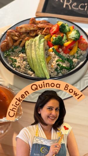Amrita Raichand Instagram - Cooking for your heart! ❤️ Guess my next vibrant, heart-healthy recipe below!👇🏼 

Recipe: 

Chicken Quinoa Bowl 
Ingredients 
Peri- peri sauce (Link In Bio) - 1 small sauce boat 
Quinoa- 1/4 th cup 
Water - 1 cup 
Garlic cloves(chopped) - 5-6 
Kale leaves 
Chilli flakes 
Himalayan Salt and pepper to taste 
Chicken breast (boneless) - 100 gm
Peri- peri spice mix 
Salt & pepper to taste 
Lime juice
Olive oil
Broccoli florets- 1/2 cup 
Red and yellow bell peppers- 1/2 cup 
Cherry tomatoes (halved)- 5-6 
Salt and pepper to taste 
Avacado slices 

Method 
In a pot, add thoroughly washed quinoa along with the water, garlic & salt. Bring it to a boil and then let it simmer on low flame till you see white ring around pearls of quinoa. When almost all the water has been absorbed, add kale leaves along with some chilli flakes  and give it a toss. Use a fork and fluff it up! There should be a nice bite to the quinoa. Toss the quinoa into a serving bowl. 
Now marinate the chicken with salt, pepper, peri-peri spice and lemon juice. 
Then heat a dash of olive oil in a pan and add the chicken slices on high flame.  When it’s nice and brown on both sides and cooked through, take it out and top it on one side of the quinoa.
Now in the same pan, add sliced garlic, sauté till golden, then add a splash of water followed by the 
broccoli florets. (Blanching of the broccoli hence is not needed) . Then add the yellow & red bell peppers and sauté till they are tender. Throw in the cherry tomatoes, season with salt and pepper and take it off of the pan. Add it next to the chicken.
Slice up some avocado, squeeze some lime juice on it and place it between the veggies and the chicken. Serve your heart- healthy quinoa chicken immediately with the prepared peri- peri sauce. Told you na Healthy is not boring! 😉
#hearthealthy #healthyeating #wellnessjourney #nutritiousfood #foodthatheals #cheflife #homecooking #cleaneating #mindfuleating

#hearthealthy #healthyeating #wellnessjourney #nutritiousfood #foodthatheals #cheflife #homecooking #cleaneating #mindfuleating