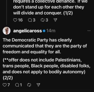 Angelica Ross Instagram - You can let go of the shame.  Even Elphaba was “Galindafied” at one point.

But then she let the situation radicalize her. “Something has changed within me.  Something is not the same.  I’m thru with playing by the rules of someone else’s game.”

Aren’t you tired of playing by the rules of someone else’s game & losing?  Don’t go back to sleep.  Don’t check out.  This moment requires a collective defiance.  If we don’t stand up for each other they will divide and conquer. 

The Democratic Party has clearly communicated that they are the party of freedom and equality for all. 

(**offer does not include Palestinians, trans people, Black people, disabled folks, and does not apply to bodily autonomy) 

The reason we ALL lost is because the party most of you were counting on all had folks within their base as well as their ranks who would vote in favor of anti trans, anti-immigrant, anti-abortion policies.  You had folks who feel you have to break a few thousand eggs to make an omelette. So they were ok with homes being broken up by ICE under Obama & Biden. They were ok with banning trans people from public bathrooms & sports. Ok with building that wall. Ok with g-side. And it’s ALL not OK.