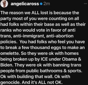 Angelica Ross Instagram - You can let go of the shame.  Even Elphaba was “Galindafied” at one point.

But then she let the situation radicalize her. “Something has changed within me.  Something is not the same.  I’m thru with playing by the rules of someone else’s game.”

Aren’t you tired of playing by the rules of someone else’s game & losing?  Don’t go back to sleep.  Don’t check out.  This moment requires a collective defiance.  If we don’t stand up for each other they will divide and conquer. 

The Democratic Party has clearly communicated that they are the party of freedom and equality for all. 

(**offer does not include Palestinians, trans people, Black people, disabled folks, and does not apply to bodily autonomy) 

The reason we ALL lost is because the party most of you were counting on all had folks within their base as well as their ranks who would vote in favor of anti trans, anti-immigrant, anti-abortion policies.  You had folks who feel you have to break a few thousand eggs to make an omelette. So they were ok with homes being broken up by ICE under Obama & Biden. They were ok with banning trans people from public bathrooms & sports. Ok with building that wall. Ok with g-side. And it’s ALL not OK.