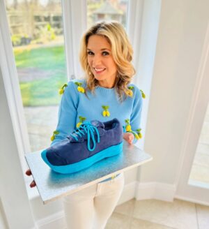Charlotte Hawkins Instagram - The grand reveal of my trainer cake! As my husband Mark is running the London Marathon for @mndassoc I wanted to do my bit for a fundraising event... and had a bit of a marathon cake-making session inspired by one of his trainers! 👟 I watched a lot of YouTube videos in preparation, having never done this before - but to be honest I’m not sure I’d recommend undertaking it unless you have a spare 12 hours or so 🤣 but here is my method just in case! Not quite ‘Is it Cake’ level but at least it tasted good!! 
I put this on my stories as I was creating it - a big thanks for all the support, it got me through it!! 
• the inspiration
• an awful lot of cake mix
• 4 cakes and the templates - ended up needing 6 cakes!
• Sooo much buttercream….
• Bit of a pit-stop along the way 🤣 
• taking shape but it looks more like a clog at this stage!
• Sticking it all together with jam and buttercream, not the prettiest but it does the job
• Resorting to raiding Ella-Rose’s play-doh box for some modelling tools - a bit of a wash and they worked a treat! 😂
• an awful lot of fondant needed 
• starting the process of sticking it on
• the professionals have what’s called a ‘texture mat’ - I have a cheese grater… 
• templating the tricky sections
• shaping it into the finished article - don’t forget to thread those laces!!
Good luck if you try it 😂 
#cake #isitcake #cakemodelling #cakecraft #mnd #mndassociation #fundraising #londonmarathon