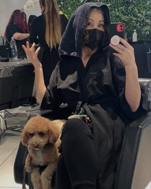 Constance Marie Instagram - Getting my hair done  with Thee most patient dog in LA.
✨🐶✨
Thank you @ronacolor @ashleyssalgado @mrlukaro 
Yall make me pretty!
#Monday #MondayMotivation 
#Bella
#Goldendoodle #Puppy