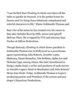 Elaine Goldsmith-Thomas Instagram - Strutting our peacock-feathered heels. Could not be more excited. #ClimbingInHeels @starmandarren @peacock @stmartinspress @deadline