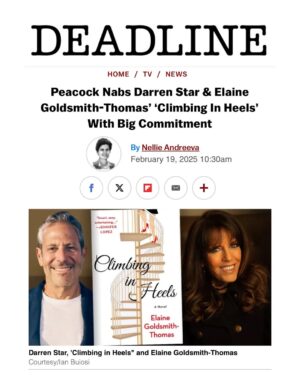 Elaine Goldsmith-Thomas Instagram - Strutting our peacock-feathered heels. Could not be more excited. #ClimbingInHeels @starmandarren @peacock @stmartinspress @deadline