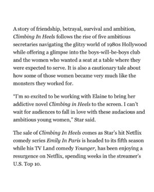 Elaine Goldsmith-Thomas Instagram - Strutting our peacock-feathered heels. Could not be more excited. #ClimbingInHeels @starmandarren @peacock @stmartinspress @deadline