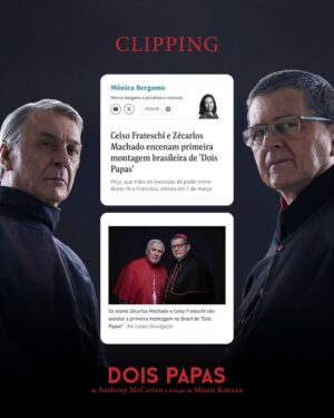 Eliana Guttman Instagram - A estreia de 'Dois Papas' no Brasil é destaque na coluna de Monica Bergamo!

Prepare-se para mergulhar nos dilemas entre duas figuras icônicas da Igreja, que, ao confrontarem suas diferenças, irão trilhar um caminho capaz de transformar suas vidas e influenciar mais de 1 bilhão de pessoas.

A peça que conquistou o público com sua versão cinematográfica chega em março a São Paulo, onde um elenco de peso dá vida a uma narrativa intensa, oferecendo uma experiência teatral que desafia perspectivas.

E os ingressos? Já estão à venda. Garanta o seu! Link na bio.

Dois Papas é um projeto apresentado pelo Sesc e pelo Ministério da Cultura, por meio da Lei Federal de Incentivo à Cultura - Lei Rouanet.

🎭 Dois Papas
De: Anthony McCarten
Direção: Munir Kanaan
Com: Zécarlos Machado, Celso Frateschi, Carol Godoy, Eliana Guttman

 🌟 Temporada (Sesc Guarulhos): 7 a 16 de março de 2025
🕒 Dias e horários: sexta e sábado, 20h |domingo, 18h
📍 Local: SESC Guarulhos | Rua Guilherme Lino dos Santos, 1.200, Jardim Flor do Campo
🎟 Ingressos online: Central de Relacionamento Digital Sesc SP (link na bio) e App Credencial Sesc SP 
💲 Valor: R$ 60,00 [inteira] | R$ 30,00 [ meia]
🔞 Classificação: 14 
⏳ Duração: 2h30 (com intervalo de 15 minutos)

#DoisPapas #TeatroBrasileiro #EstreiaTeatral #CulturaEmCena #ReflexãoTeatral #FéEIdeologia #TeatroEmSãoPaulo #DiálogosProfundos #ExperiênciaTeatral #ElencoDePeso #MonicaBergamo