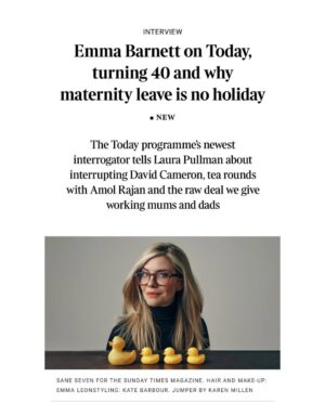 Emma Barnett Instagram - This interview drops tomorrow. 

It isn’t maternity leave. Not really. 

It’s service. Maternity Service. Somehow I realised this during the fog of my second tour of duty, that I had fought tooth and nail to experience. 

And I was weirdly elated. Elated to a) have had an original thought through the sleep deprivation, the love bomb that is our daughter and the relentless abnegation of self. And b) to have snatched the time between naps, feeding, cleaning, doctor visits, nappies and school pick-ups to explore this thought. And write my account of maternity service - live - as it was happening. 

The result is a book I am really proud (and still rather amazed) exists and lands on shelves on March 13. I have read so many powerful books about motherhood and parenting - esp as host of the mighty @bbcwomanshour - but never one expressly on maternity leave and what actually goes down in this love wilderness: mentally, physically and practically.

Maternity service, unlike leave, also never ends. And this framing really helps me dig deep to this day with my mothering of a two and seven year old girl and boy. 

In the book I also share stories I have already forgotten or unwittingly erased from that period - having already happily let the rose-tinted glasses descend. More to come and to be discussed. But I would bloody love you to pick up a copy via the pre order #linkinbio and to hear your take. Genuinely. Or when it drops next month from your local bookshop if you have one. 

Rest assured- it’s deliberately short but packs a punch. 

Here are some parts of the book extract in the @sundaytimesmagazine @thetimes exclusively tomorrow. 

Big thanks to The Sunday Times for putting maternity leave on the front page. 

✍🏼 @laurafpullman 
📸 @saneseven 
💄 @emmasleon 
👖 @kate_barbour 

#maternity #maternityleave #maternityservice #idea #holdthefrontpage #sundaypaper #sunday #sundaytimes #newbook #bookstagram #preorder #women #newmum #motherhood