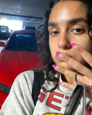 Geraldine Viswanathan Instagram - you’re cordially invited round up!! iconic summer includes: celebrating my 27th birthday w the squad   Will Ferrell doing a perfect bit, driving a red dodge charger around atlanta and pink love heart french tip nails 💘 ty for watching!