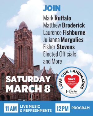 J. Smith-Cameron Instagram - Join Mark Ruffalo, Matthew Broderick, Laurence Fishburne, Julianna Margulies, Fisher Stevens & more to Save Our Landmark!

📍 The Center at West Park (86th & Amsterdam Ave) 
📅 Saturday, March 8

🎶 11 AM: Live music by Grammy-winning artists & refreshments
🎤 12 PM: Speakers incl. Ruffalo, Broderick, Fishburne, elected officials & preservation leaders
🎬 Complimentary screening of Ferris Bueller’s Day Off   live talkback with Matthew Broderick & Kenneth Lonergan

RSVP today by emailing info@centeratwestpark.org and be part of the movement! 

#LoveOurLandmarks #SaveOurLandmarks