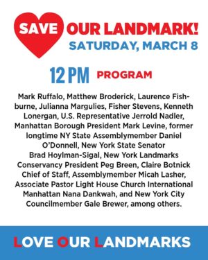 J. Smith-Cameron Instagram - Join Mark Ruffalo, Matthew Broderick, Laurence Fishburne, Julianna Margulies, Fisher Stevens & more to Save Our Landmark!

📍 The Center at West Park (86th & Amsterdam Ave) 
📅 Saturday, March 8

🎶 11 AM: Live music by Grammy-winning artists & refreshments
🎤 12 PM: Speakers incl. Ruffalo, Broderick, Fishburne, elected officials & preservation leaders
🎬 Complimentary screening of Ferris Bueller’s Day Off   live talkback with Matthew Broderick & Kenneth Lonergan

RSVP today by emailing info@centeratwestpark.org and be part of the movement! 

#LoveOurLandmarks #SaveOurLandmarks