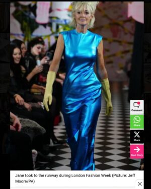 Jane Moore Instagram - Deeply flattered to be asked to model for sustainable fashion designers Vin   Omi @vinandomi at their ‘Kaos’ runway show at The Other House last night - what an experience! Loved every second of it. Among the professional young catwalk models, Prue Leith and I strutted our stuff for women ‘of a certain age’ and showed you’re never too old to love fashion in all its forms.
This is a passion project for Vin and Omi who work closely with, among others, King Charles to make clothes recycled from the everyday stuff we throw away. Some of the outfits were made from recycled products from the Sandringham estate and my spectacular, electric blue dress was made from recycled cans collected from Birmingham parks by the homeless. Check out their website and account to see the history of the amazing sustainability work they do here and globally.
It was a pleasure to be a part of this and I got to keep the eye-catching dress so you’ll be seeing me recycling it at plenty of forthcoming events!