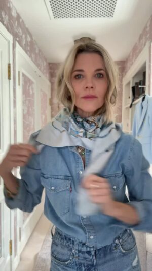 Janet Gunn Instagram - Here are a few of my new spring flings! Singing the blues over here with the softest, featherweight denim pants and classic Levis top. Denim on Denim never fails it’s always classic & effortless. 
Paired with a silk scarf for a touch of French girl style…and you’l thank me on the price of these shoes! Also, they’re really comfortable! Since I discovered @_jennybird jewelry, I love mixing her brand with my  everyday pieces.
See my stories for shopping or @liketoknow.it 
Scarf note - Fold it into a triangle wrap around without a care and tie off to the side! Simple and Chic👌 
Hair @philipb 
Necklace @lisastattjewelry 
Tee @maxmara