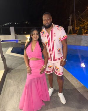 Jenna Pollard Instagram - Serving looks and good vibes all night! ✨💖 
.
Our Power Couple @kieron.pollard55 @jenna_pollard in Custom Made Bellissima x Bellissimo. 🫶🏻
.
.
#MatchingEnergy #PowerCouple #Bellissimadxb #Bellissimoman