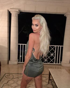Jessica-Jane Stafford Instagram - Pre-dinner shoot 📸

Dress - @wakeupanddreamibiza 
Hair - @leestaffordworld 
Bleach - @goldensiobhan 
Tan - @sttropeztan 
Tattoos (legs) - @jonnyshand