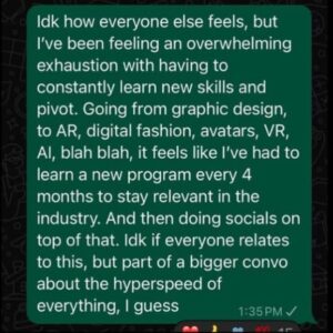 Justine Bateman Instagram - These comments from @tabithaswanson_ and @dankartdirectormemes are important. 
For the first time in history, we’ve seen almost an entire era of photographers and other artists distracted with the incorporation of the rapid introduction of a series of new tech. And also the relentless self-promotion on social media and websites. 
In the past, the artist had only their artistry to concern themselves with. But, for a while now they have been expected to pull focus from that in order to “keep up” with a carousel of tech that does little to improve that artistry. 
We will never know what creative heights could have been reached without this heavy siphoning of their attention. 

Full text below:
“Idk how everyone else feels, but I’ve been feeling an overwhelming exhaustion with having to constantly learn new skills and pivot. Going from graphic design, to AR, digital fashion, avatars, VR, Al, blah blah, it feels like I’ve had to learn a new program every 4 months to stay relevant in the industry. And then doing socials on top of that. Idk if everyone relates to this, but part of a bigger convo about the hyperspeed of everything, I guess.”

“I think also all the movements in the last years, NFTs, Crypto, Metaverse, Digital Fashion, now Al
- all marketed as these utopias, when they’ve at their core often been spaces for corps and financial gain. So many grifters in these spaces too. Many ppl really did have high hopes, but I think there was a bit of detachment with reality and the final results are just sad to see.”

“Sharing this because I don’t have the steam for memes atm, but the points raised by @tabithaswanson_ here are so valid - the expectation to be able to learn and keep up with emerging tech at such a relentless pace all for no extra (if not less) money.”