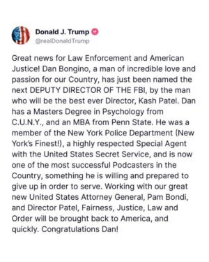Kimberly Guilfoyle Instagram - Amazing news! 🙌 Congratulations @dbongino!  The FBI is in great hands with you and Kash Patel leading the charge. 🇺🇸