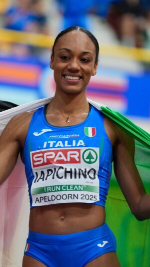 Larissa Iapichino Instagram - European indoor long jump champion with 6.94m! 🤭

@larissaiapichino 🇮🇹💫

#Apeldoorn2025