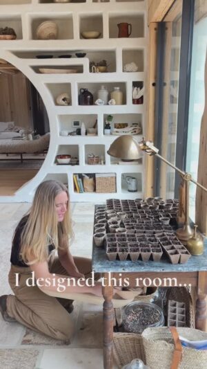 Lauren Liess Instagram - I designed this room around gardening   animals. The goal of the orangery was to create an all around space that’s a sometimes dining room/ sometimes office, where we grow plants, wash our vegetables from the garden, have fires, do crafts with the kids & hang with friends   animals. The birds have surprised me this winter and we just adore our friend, “Peach” who is sure to come looking for us when we forget to put out the bird seed. She will even fly upstairs to remind us 🤣 she is now verrrry curious about the goslings!! Connecting with wild animals brings such joy and peace and making a house that encourages it was one of my biggest (and most rewarding) challenges at the Meadow. 🕊️ #themeadow