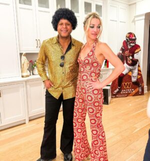Lindsay Czarniak Instagram - Waaaaay back Wednesday. Love an excuse to dress retro. I think Melvin really excels with this vibe:). (And definitely time to remove our NFL season cardboard cutouts :) #70s #dressup #party #dance #love #football