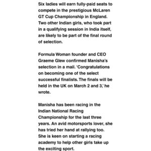 Manisha Kelkar Instagram - Great start to a New Year with an AWESOME news
I have made it as a finalist in the Formula Woman Motorsport Racing competition in the United Kingdom

Thanks to all your support & FORMULA WOMAN to give me this opportunity 🙏

Ganapati bappa morya 💃

@formulawomanracing @graemeglew @garybarak @women_in_motorsports @women_in_motorsport_india_cmsc @fmscinews #motorsport #racing #racer #mclaren @mclaren @mcleran_motorsports
