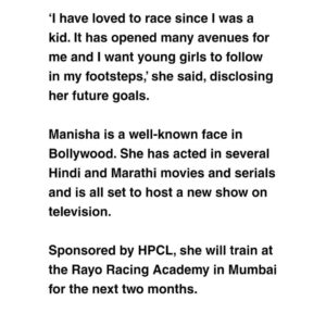 Manisha Kelkar Instagram - Great start to a New Year with an AWESOME news
I have made it as a finalist in the Formula Woman Motorsport Racing competition in the United Kingdom

Thanks to all your support & FORMULA WOMAN to give me this opportunity 🙏

Ganapati bappa morya 💃

@formulawomanracing @graemeglew @garybarak @women_in_motorsports @women_in_motorsport_india_cmsc @fmscinews #motorsport #racing #racer #mclaren @mclaren @mcleran_motorsports