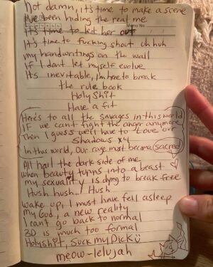 Meg Myers Instagram - Just finished writing this one for the eclipse. Fought it so hard but it forced its way out. Still tweaking and fine tuning..

Happy inner teenager:-💋

Every song on this album is so different. One day I’m channeling a PG ceremony song and the next day it’s angsty and R rated. Just trying to honor where im at in each moment and let it all flow through. 

I’m so excited to share these songs with you guys! There’s too many to even fit them all on my 4th album so I’ll have to flip coins to decide hehe 

Scroll for the lyrics and a picture of me as a teenager❤️‍🔥🤘