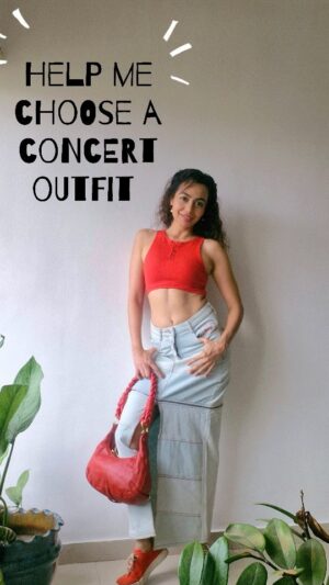 Meghana Kaushik Instagram - HELP ME CHOOSE 💯😁🤌
.
.
Last of the concert season . ALSO Who is going to Lolapalooza?? 💯🥁🎶🙌🫶✨️👄
.
.
Outfit deets : 💜
Cutest t shirt by @saisonclothing 
Harness belt & skirt @hm 
Boots @londonragofficial 
Denim skirt @ose.studios 
Bags @hidesignhq 
.
.
.
.
#concertready #concertfashion #concertfit #meghanakaushik #fyp #explore #explorepage #fashionreels #grwm #helpmechoose #fashiongram #fashionstyle #lolapalooza