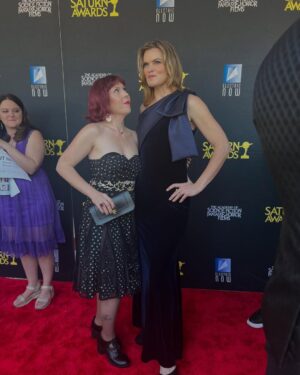 Missi Pyle Instagram - Hi Bffs!! I went to the Saturn awards couple weeks ago to present an award with our bff @mrdrewscott who is a darn good writer (and performer) of jokes. 
Also my gorgeous and talented roommate @allie.raeeeee did my hair and @kourt_cain, goddess of all things beauty, did my makeup!! Also also our other bff @jenevieve_marshall was my plus one lady and we enjoyed many shenanigans and ended the night with a *mostly delightful  tarot card reading! 
*The tower was the last card, in which people are hurling themselves off of a burning building, but, the cool thing is there’s a crown- like a royal crown- being cast from the top of the tower, as if some monarchy is being evicted, which perhaps, could mean in the end, all will be well ! Have a lovely Valentine’s Day Bffs!  Dress by @aquabrandofficial  shoes and jewelry by: my closet