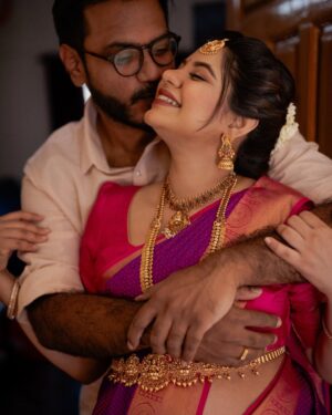 Monica Chinnakotla Instagram - Just thinking about us years ago, hanging out like little kids, carefree and chilling. If anyone had told us at that time that we are going to be parents at this point of our life we would not have believed it one bit. Yet this is so exciting and less scary because we get to do this together❤️ Can’t wait to see how we are going to grow together in this next new chapter of life and one thing is for sure. Our Lil one is going to be loved like crazy 🥰❤️

Photographer @sk24official 
Mua @asifaartistry 
Hair and pleat @krishna_priya_hairandmakeup 

#babyshower #photoshoot #vazhagappu #momtobe #parentstobe