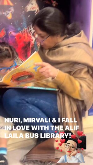 Nadia Jamil Instagram - She simply loved the little reading cubbies! Uff. There is something for everyone! Mir, Mehvish Baji, Nur and I all became members of the amazing @aliflaila_official today. I picked up two books on herbal remedies and Ayurveda, Mir picked up two books, so did Mahvish Baji,  and Nuri picked up two amazing books. Nuri played in the play area, did some recreational work in the Early Learning Area, and then we bought a whole bunch of beautiful arts and crafts and a book, the proceeds for some specific products go to Palestine, the rest to women from the local community, who made the arts and crafts. The main library is awesome with a ladder that you can slide around the room as you search the shelves. The bus is fascinating and super cozy. The best thing is that Nuri learned the concept of BORROWING books and returning them once she has read them. Danny and The Dinosaur is a great award winning book and has become such a favourite that we’ve read it thrice already in one evening. The book called Gardens Of Hope is a beautiful work of art written and illustrated BY THE CHILDREN OF PALESTINE. Please do buy it. Love led sharing this all with you. And hope to have Nuris birthday party right here with my puppets and lots of amazing boos and activities. The price for joining this beautiful space is Rs 500 a year. Let’s get our children into the habit of revering books and libraries. Let’s teach them it’s lovely to borrow a book, and return it. We don’t always have to buy them. And let’s keep protecting these amazing spaces for our children. Alif Laila Bus Society makes sure it reaches ALL children! Especially marginalised children who do not grow up in privilege and luxury. It’s a treasure cove for us and all our kids. Thank you to @aliflaila_bookbussociety and their amazing team! We love you! #reading  #libraries #Lahore