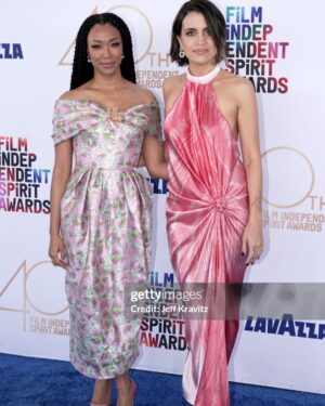 Natalie Morales Instagram - I love the @filmindependent Spirit Awards, it’s the funnest, and getting to see and support all of my fellow indie filmmakers is always the best. @therealsonequa and I were so honored to present @jomofray with the award for Best Cinematography for @nickelboysmovie ! Second to last photo is Sonequa desperately whispering to me under her breath “ CAN I OPEN ITTTTTTT” 

Have i mentioned how much i absolutely love @therealsonequa ? 

Styling by @kimmyerin 
Hmu by @nicoincognito 
Dress @silviatcherassi 
Jewelry @sterlingforever