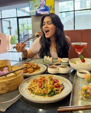 Nidhi Agarwal Instagram - @houseofwokjaipur ✨
Took my taste buds on a Pan-Asian adventure at House of Wok, Jaipur! 🍜✨ From the bold flavors to the cozy vibes, every bite was a delight. If you’re a fan of authentic Asian cuisine, this spot is a must-visit! 🍣🥢 

Dishes I’ve ordered-
Som Tam Salad
Lotus stem crispies
Cream cheese truffle oil dimsums
Asparagus tempura & crunchy yasai veg roll Sushi
Exotic Thai Green Curry

Mocktails:
Summer Berries & Peach Ice Tea ✨
..
#FoodieDiaries #PanAsianPerfection #HouseOfWokJaipur”