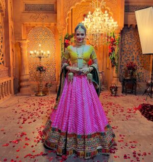 Samiksha Bhatnagar Instagram - My mind is a canvas, painting, a picture of who resilience and determination👑👸🏼💖 

Designed by  @neeru.randhawa captured by @gauravsethi_official