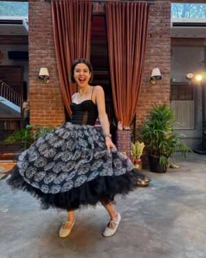 Scherezade Shroff Instagram - When the excitement is real & you don’t need fake candids 🤣😂 

 This was me throughout the AT🎀SS launch party! With the perfect shoes & skirt a girls gotta twirl 😜

#OOTD
Skirt- This beauty is from my favourite @quodbyikshitpande !
Shoes -  AT 🎀 SS @aprajitatoorofficial 
Top-  It’s actually a dress that I wore as a top 😜@zara