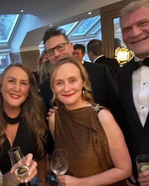 Sharon Horgan Instagram - Thanks to @iftaacademy for a great night.  Such impressive work made this year by Irish talent across the board so was not expecting to get a look in.  But I'm happy for all the Bad Sisters season 2 team.  And I'm really glad I got to talk about my dad who was always so fascinated and impressed by the skills of all the crew who worked in the show. He attended the IFTAs twice and charmed the pants off everyone.  Mum did it by herself this time and I was so very proud.  So preoccupied was I with talking about dad that I managed to forget pretty much everyone including (I think, it's a bit of a blur) the most important member of the team @dearbhlawalsh. Without her the show just wouldn't have been the same or anything like it.  She's the best of the best.  And to all our writers too; Ailbhe Keogan, @karenmcogan, Malcolm Campbell, Perrie Balthazar and @akapaulhoward . 
Huge thanks to all the @mermantvfilm team and to  @appletv especially Jay Hunt and Fiona (Apple) McDermott . We literally couldn't have done it without yee. 
 
Girl thanks coming up;;
Make up; @unafarrellmua 
Hair; @garethbromell 
Skin; @keren_bartov 
Styling; @racheldavisfashionstylist
Dress; @zimmermann 
Shoes; @ginashoesofficial 
Jewellery; @sonia_petroff, @ruhajewellery, @kismetbymilka, @sifjakobsjewellery 
Bag; @august_night.ie 
Emergency surgery; @forestgreenclinic 
#badsisters