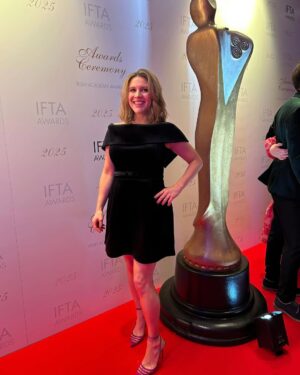 Sharon Horgan Instagram - Thanks to @iftaacademy for a great night.  Such impressive work made this year by Irish talent across the board so was not expecting to get a look in.  But I'm happy for all the Bad Sisters season 2 team.  And I'm really glad I got to talk about my dad who was always so fascinated and impressed by the skills of all the crew who worked in the show. He attended the IFTAs twice and charmed the pants off everyone.  Mum did it by herself this time and I was so very proud.  So preoccupied was I with talking about dad that I managed to forget pretty much everyone including (I think, it's a bit of a blur) the most important member of the team @dearbhlawalsh. Without her the show just wouldn't have been the same or anything like it.  She's the best of the best.  And to all our writers too; Ailbhe Keogan, @karenmcogan, Malcolm Campbell, Perrie Balthazar and @akapaulhoward . 
Huge thanks to all the @mermantvfilm team and to  @appletv especially Jay Hunt and Fiona (Apple) McDermott . We literally couldn't have done it without yee. 
 
Girl thanks coming up;;
Make up; @unafarrellmua 
Hair; @garethbromell 
Skin; @keren_bartov 
Styling; @racheldavisfashionstylist
Dress; @zimmermann 
Shoes; @ginashoesofficial 
Jewellery; @sonia_petroff, @ruhajewellery, @kismetbymilka, @sifjakobsjewellery 
Bag; @august_night.ie 
Emergency surgery; @forestgreenclinic 
#badsisters