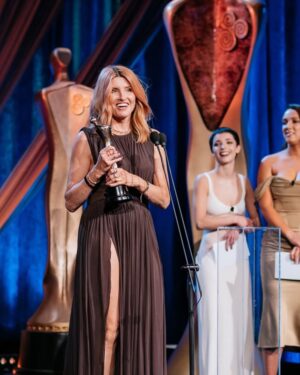 Sharon Horgan Instagram - Thanks to @iftaacademy for a great night.  Such impressive work made this year by Irish talent across the board so was not expecting to get a look in.  But I'm happy for all the Bad Sisters season 2 team.  And I'm really glad I got to talk about my dad who was always so fascinated and impressed by the skills of all the crew who worked in the show. He attended the IFTAs twice and charmed the pants off everyone.  Mum did it by herself this time and I was so very proud.  So preoccupied was I with talking about dad that I managed to forget pretty much everyone including (I think, it's a bit of a blur) the most important member of the team @dearbhlawalsh. Without her the show just wouldn't have been the same or anything like it.  She's the best of the best.  And to all our writers too; Ailbhe Keogan, @karenmcogan, Malcolm Campbell, Perrie Balthazar and @akapaulhoward . 
Huge thanks to all the @mermantvfilm team and to  @appletv especially Jay Hunt and Fiona (Apple) McDermott . We literally couldn't have done it without yee. 
 
Girl thanks coming up;;
Make up; @unafarrellmua 
Hair; @garethbromell 
Skin; @keren_bartov 
Styling; @racheldavisfashionstylist
Dress; @zimmermann 
Shoes; @ginashoesofficial 
Jewellery; @sonia_petroff, @ruhajewellery, @kismetbymilka, @sifjakobsjewellery 
Bag; @august_night.ie 
Emergency surgery; @forestgreenclinic 
#badsisters