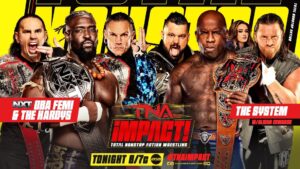 Tessa Blanchard Instagram - #TNAiMPACT is TONIGHT at 8/7c on AXS TV in the US, Sporstnet 360 in Canada and TNA  around the world. Use the code TNAFREE for one free month of TNA ! 

- Oba Femi and The Hardys vs. The System 

- Tessa Blanchard must wrestle or she'll be FIRED! 

- Spitfire vs. Ash and Heather By Elegance for the Knockouts World Tag Team Titles, the losers must become the winners Personal Concierge for 24 hours 

- Mance Warner vs. Sami Callihan 

- Frankie Kazarian vs. Ace Austin 

- Steve Maclin vs. KC Navarro 

- Mike Santana in action