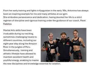 Valentina Shevchenko Instagram - Two weeks ago, my sister Antonina shared with me her decision to officially end her fighting career and dedicate herself fully being a pilot. 

I want to extend my warmest wishes to her in this journey,  knowing she will conquer the skies just as she conquered the ring and the octagon! 

The profession of a pilot demands extensive knowledge, concentration, willpower, and responsibility—qualities that are strikingly similar to those required for a successful career as a Muay Thai and MMA fighter. 

Over the past seven years, Antonina has flown solo across America, from the Pacific coast to the Atlantic, and from the Canadian border to Mexico, navigating a small Cessna 172. She has landed at some of the most challenging small airfields in mountainous regions, deserts, and islands, even in the dead of night and during fog, tropical rains, and lightning storms. 
She became a lieutenant of the Civil Air Patrol flight unit, which boasts a history as an air force military unit dating back to the 1940s. 
For a year, she served as the captain of an eight-seat Pilatus PC-12 aircraft in San Juan, Puerto Rico, for Tradewinds Airlines, where she piloted her  aircraft to San Barts, one of the most demanding airports in the world. 
Currently, she has been flying a Citation Latitude jet aircraft for over a year as a co pilot in business aviation on the East Coast of the United States. 

Antonina's journey in martial arts spans 30 years. 
She holds a 3rd Dan black belt in Taekwondo, has been an 11-time world champion in Muay Thai, kickboxing, and MMA, and has participated in hundreds of fights in both amateur and professional. 
She is a champion of Asia and South America and has been recognized as an Honored Master of Sports and a UFC fighter. 
Antonina won her first world championship title in Thai boxing in 2003, the same year she also became the world champion in the professional  MMA in South Korea. Throughout her career, she has fought in various countries, including Peru, Brazil, Paraguay, Argentina, Mexico, England, Thailand, South Korea, the United Arab Emirates, Lebanon, Sweden, France, Belarus, Russia, and the USA. 

From her early training ⬇️⬇️⬇️