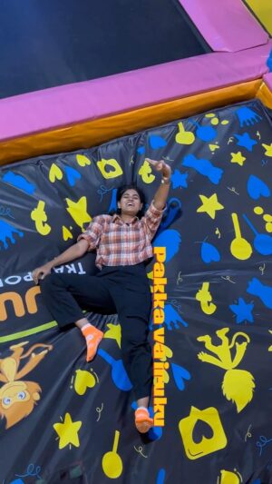 Abi Instagram - Vanga vilaiyaduvom 🤣🔥✅….

SkyJumper Trampoline Park Chennai.

Timing:
10:30Am to 10:00Pm (All Day)

Location:
4th Floor, Grand Square Mall Velachery, 600042
SkyJumper Trampoline Park Chennai
?
g_st=ic

Cost Details: 

* Full Day pass 1499/-
* 
  Weekday price 

  30min : 500
  60min : 700
  90min : 800

  Weekend price 
  30min : 600
  60min : 800
  90min : 900

Grip Socks Mandatory, Buy them for rs.100/-

Food coupon 
Pay Rs.240 when billing your playing ticket and Buy for Rs.300 at Cafe 

We do:
Corporate Events.
Birthday Parties.
Group Events.
Holiday Parties.
  More!

I Contact Us For More Information 8882288001