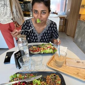 Aishwarya Raghu Instagram - Why does my brother click such shitty photos of me? 😐
Anyhoo, this post is about the amazing plant based food we had in auroville (highly highly recommended)

Here's a list of Restaurants and what we ordered:
1) Sprout (cherry 🍅 tart, tofu-barley teriyaki bowl)
2) Marc's cafe (vegan cheese pesto dosa)
3) Coffee Break (vegan tofu pesto sandwich, berry smoothie in coconut milk)
4) Auroville bakery (Falafel bowl)
5) Marc's cafe (classic big ben with Plant based sausage, scrambled tofu and mushrooms)
6) Sakura sushi - Avacado, mushroom maki, vegan nigiri and rice rolls
7) Gelato Factory - vegan stracciatella flavour 😋😋

#grateful #unfiltered #krishandaish #plantbased