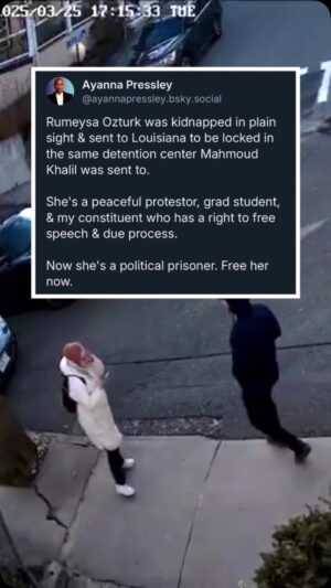 Ayanna Pressley Instagram - Rumeysa is a political prisoner. Free her now.