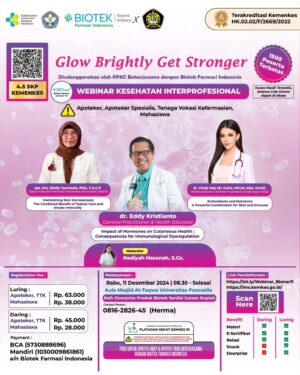 Cindy May McGuire Instagram - Hai, Sahabat Nakes

Tahukah kamu? Lebih dari 80% orang usia 12-44 tahun pernah mengalami jerawat, dan masalah ini sering diperparah oleh faktor bakteri dan peradangan. Belum lagi, seiring bertambahnya usia, stres oksidatif jadi salah satu penyebab utama penuaan kulit. Hal ini, ada hubunganya dengan homeostasis kulit. Maka, pemeliharaan homeostasis kulit sangat penting untuk menjaga kesehatan kulit secara keseluruhan dan mencegah timbulnya berbagai masalah kulit.

Tumbuhan yang mengandung senyawa polifenol seperti anthocyanin, proantosianidin dan lainnya, merupakan bahan baku yang potensial yang dapat digunakan sebagai antioksidan alami untuk mengatasi masalah tersebut. 

Yuk, pelajari lebih dalam tentang hal ini di webinar menarik dengan judul “Glow Brightly, Get Stronger”. Disini, kalian akan belajar mengenai Dampak Hormon pada Kesehatan Kulit, Antioksidan dan Nutrisi yang Tepat untuk Permasalahan Jerawat dan Penuaan Dini. Dan juga Cara untuk Menjaga Homeostasis Kulit dengan Perawatan Topikal dan Imunitas Alami.

📝SAVE THE DATE & MARK IT ON YOUR CALENDAR
Hari dan Tanggal: Rabu, 11 Desember 2024
Pukul: 08.30 – Selesai 
Link pendaftaran: https://bit.ly/Webinar_Bionar11
Setelah registrasi, wajib untuk isi link dibawah ini ya!
https://lms.kemkes.go.id/

VIA ZOOM dan Aula Fakultas Farmasi Universitas Pancasila Jakarta (HYBRID) 

⛔CLOSING REGISTRATION
Hari, dan Tanggal: Senin, 09 Des 2024
Pukul: 23.59 WIB
✨✨BENEFIT MENARIK✨✨
- DOORPRIZE 
- 4.5 SKP Kemenkes
- ILMU TERBARU DAN RELASI
- E-SERTIFIKAT 
- SNACK
- MATERI

💰 BIAYA REGISTRASI
- Luring (Apoteker, TTK Rp. 63.000/Mahasiswa Rp. 38.000) 
- Daring (Apoteker, TTK Rp. 45.000/Mahasiswa Rp. 28.000)

Transfer melalui rekening bank a/n Biotek Farmasi Indonesia berikut:
- BCA 5730888696
- Mandiri 1030009861861

Free u/ Apotek Roxy dan Apotek yang bekerjasama dengan Biotek Farmasi Indonesia

Peserta Khusus:
Tenaga Vokasi Kefarmasian, Apoteker, Apoteker Spesialis, dan Mahasiswa seluruh Universitas di Indonesia 

1500 Peserta Terbatas!!

📱 CP 0816242293 (Herma)