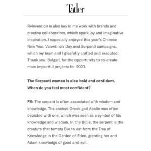 Fiona Xie Instagram - Metamorphosis 

Bulgari ambassador Fiona Xie on what it means to be a Serpenti woman.

@tatlersingapore @bulgari

https://www.tatlerasia.com/style/jewellery/fiona-xie-bulgari-serpenti-anniversary-interview by @belzyboob