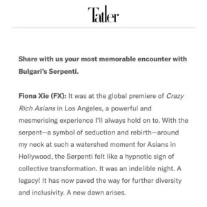 Fiona Xie Instagram - Metamorphosis 

Bulgari ambassador Fiona Xie on what it means to be a Serpenti woman.

@tatlersingapore @bulgari

https://www.tatlerasia.com/style/jewellery/fiona-xie-bulgari-serpenti-anniversary-interview by @belzyboob