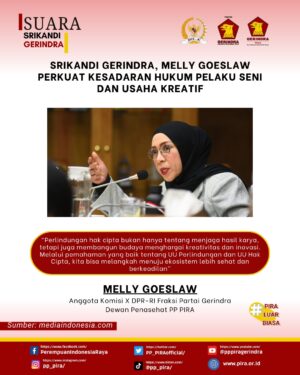 Melly Goeslaw Instagram - Melly Goeslaw selaku anggota Komisi X DPR RI Fraksi Partai Gerindra, melaksanakan kegiatan sosialisasi mengenai sinergi antara Undang-Undang Perlindungan dan Undang-Undang Hak Cipta di Muhibah Angkung, Antapani Kota Bandung, Jawa Barat. Acara ini bertujuan memperkuat kesadaran hukum, khususnya di kalangan pelaku seni, kreator konten, pelaku usaha kreatif, dan masyarakat.

Dalam pemaparannya, Melly Goeslaw menjelaskan pentingnya sinergi antara kedua undang-undang tersebut untuk memastikan perlindungan yang menyeluruh bagi para pencipta karya dan pemegang hak. UU Perlindungan, memberikan jaminan atas hak-hak individu dalam mendapatkan keadilan dan perlindungan hukum, sedangkan UU Hak Cipta berperan melindungi hasil karya kreatif dari pembajakan serta penggunaan tanpa izin.

“Perlindungan hak cipta bukan hanya tentang menjaga hasil karya, tetapi juga membangun budaya menghargai kreativitas dan inovasi. Melalui pemahaman yang baik tentang UU Perlindungan dan UU Hak Cipta, kita bisa melangkah menuju ekosistem lebih sehat dan berkeadilan,” ujarnya.

#pira #piraluarbiasa #gerindra #prabowo #srikandigerindra